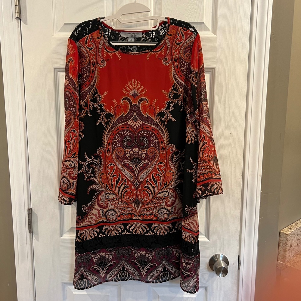 Ruff Hewn Grey Red Black Paisley Lace Shift Dress 3/4 Bell Sleeve Womens Large